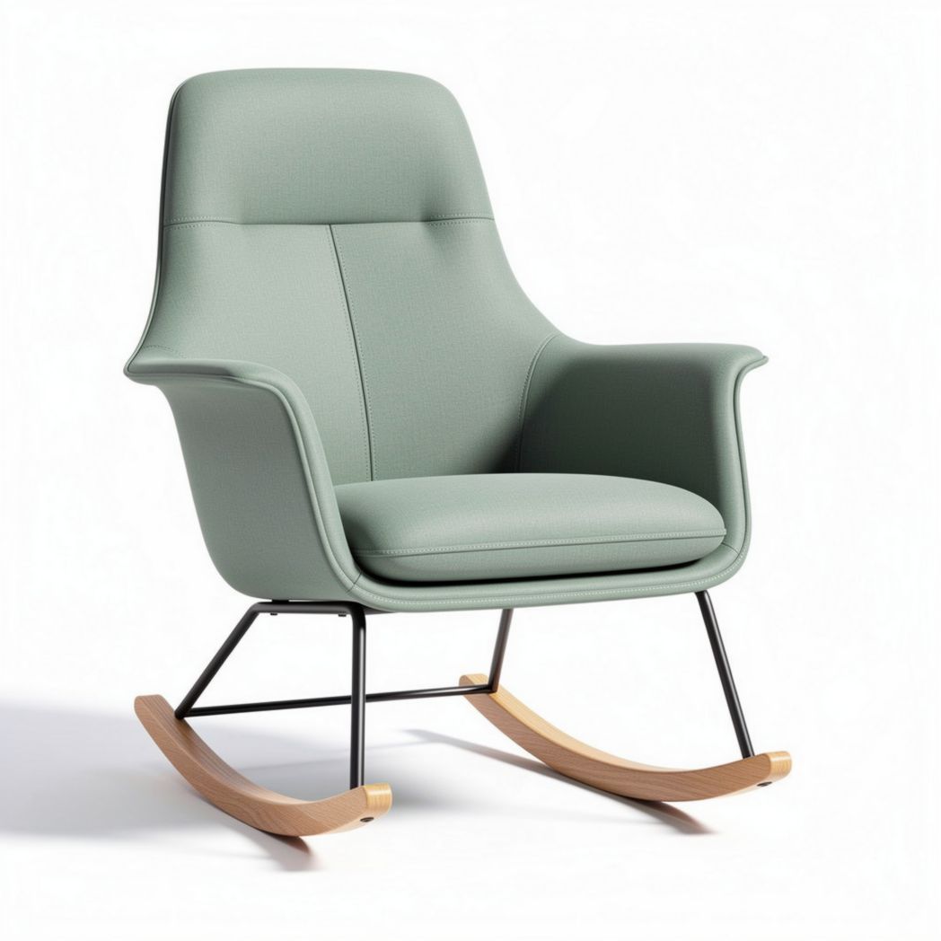 Schommelstoel met groene stof en houten rockers 75 x 70 x 90cm