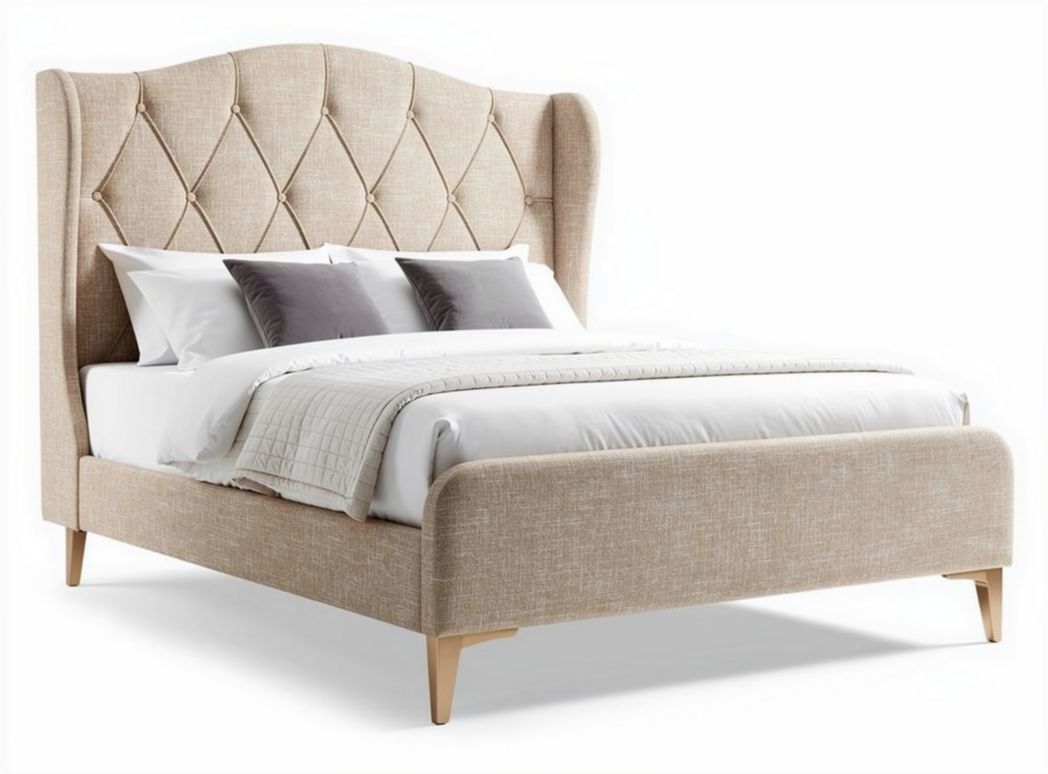 Beige stoffen bed met hoge rugleuning 210 x 180 x 120 cm