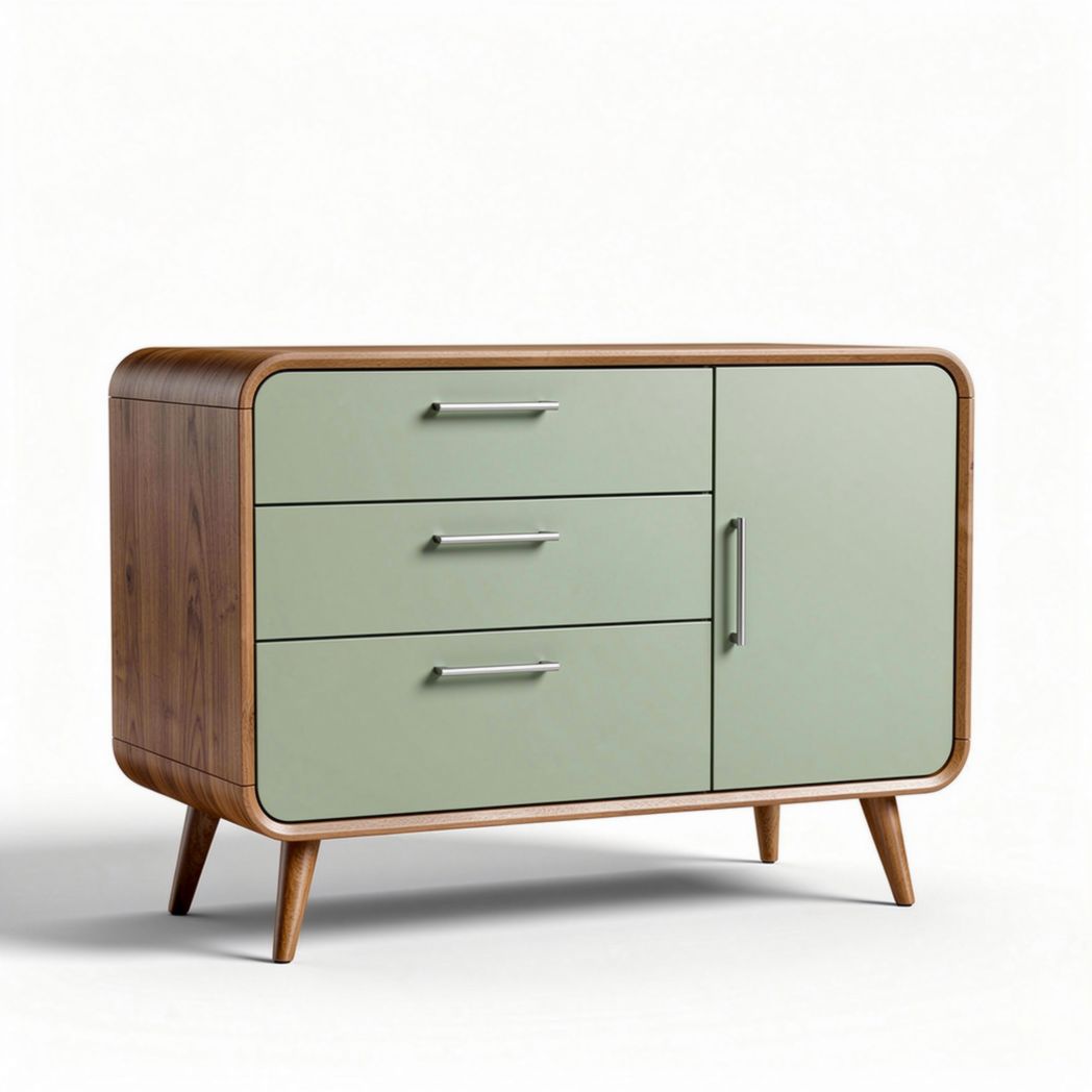 Dressoir van hout met groene deuren en drie lades 90 x 45 x 75cm