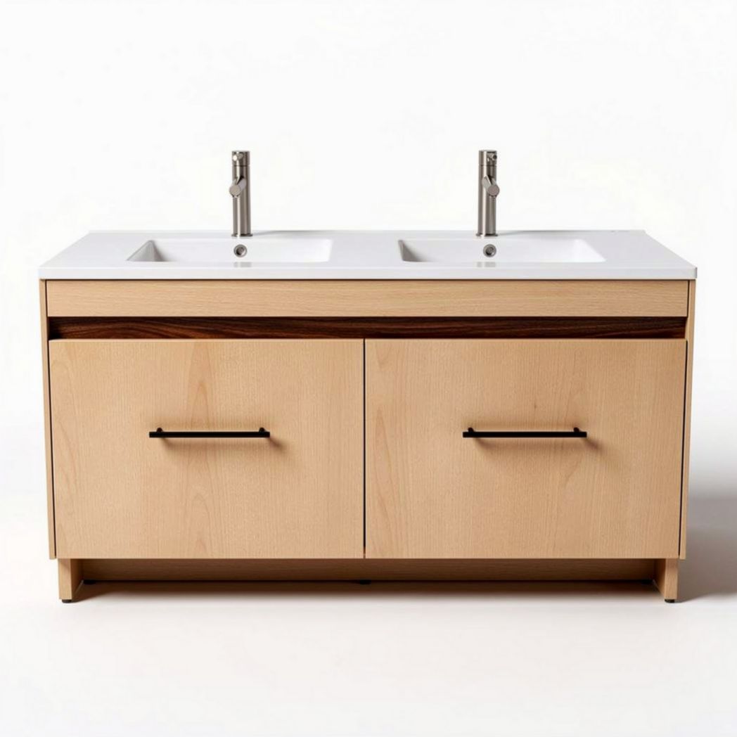 Twee wastafels met houten kast en witte bovenkant 120 x 50 x 80cm