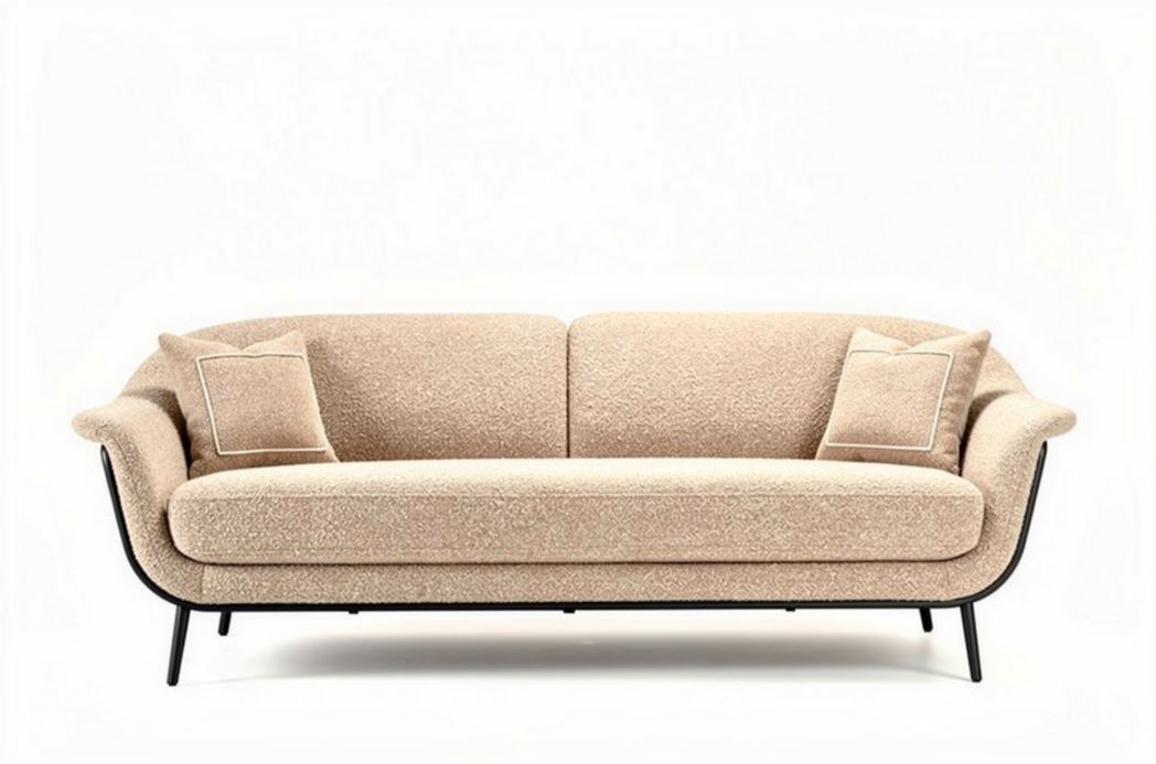 Beige bank van stof met metalen onderstel en twee bijpassende kussens 200 x 80 x 90cm